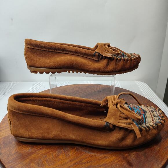 Minnetonka Arizona Kilty Moccasin Shoes Womens 8 Brown‎ Leather Embroidered - Picture 2 of 9